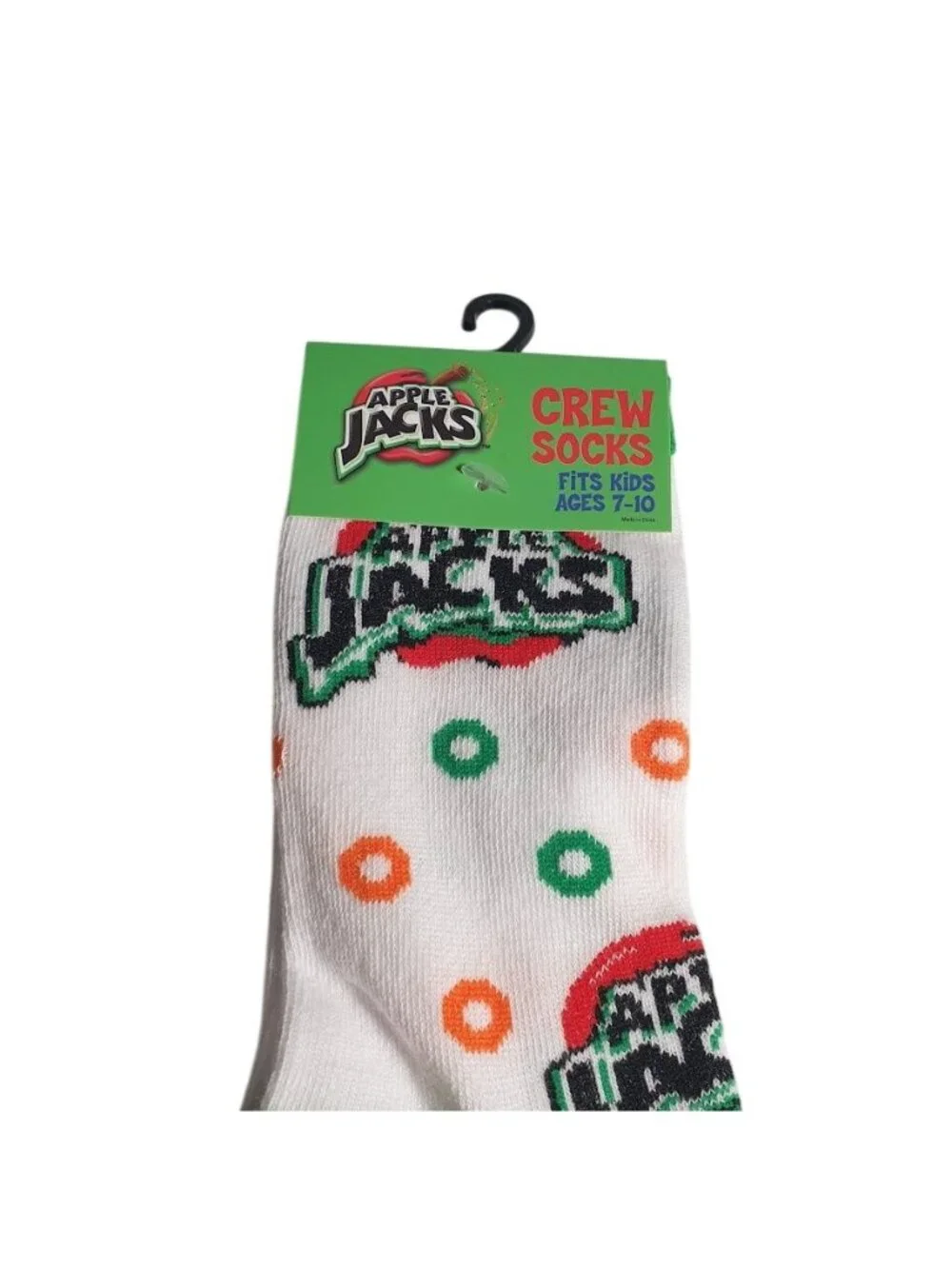 Apple Jacks Crew Socks Kids Ages 7 to 10 Novelty Cereal Design Green Orange Gift